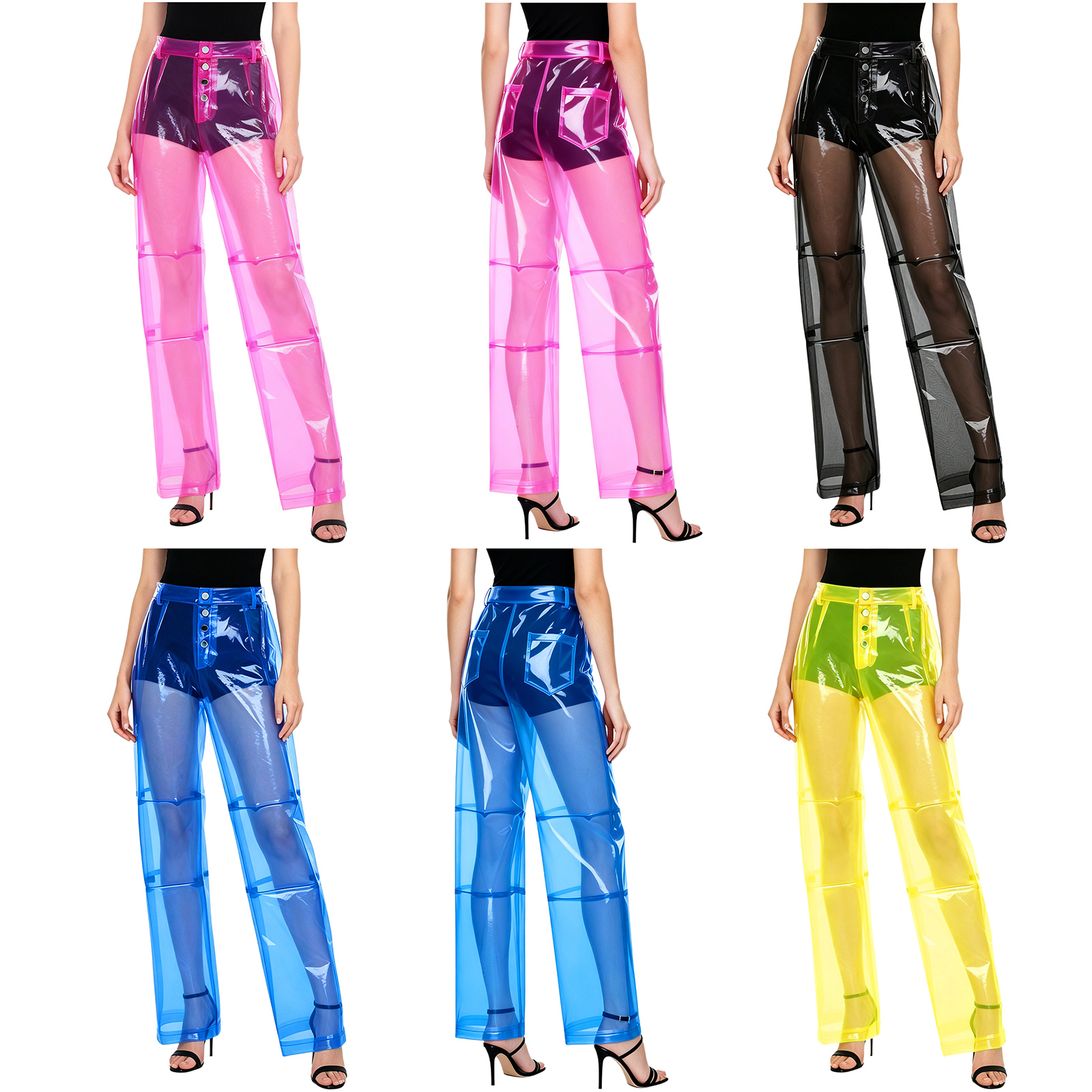 Pantalon en PVC pour femme, taille boutonnée, poches arrière, coupe large, jambe droite, transparent, idéal pour les soirées, la danse et les bals de promo