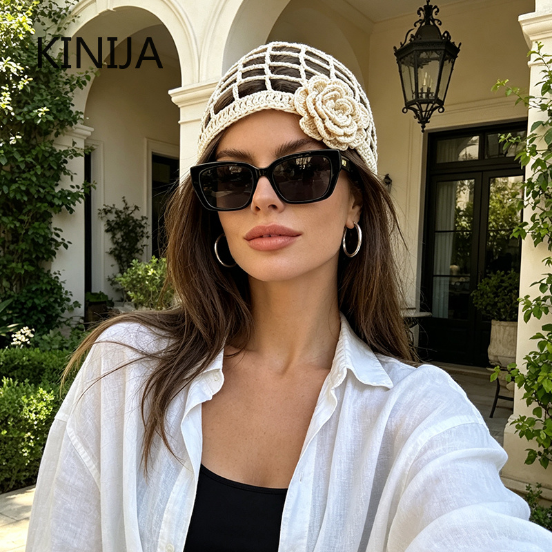 Chapeau en maille pour femme, bonnet au crochet fait main, chapeau ajouré tissé, chapeau respirant, béret, chapeau d'été coréen, foulard