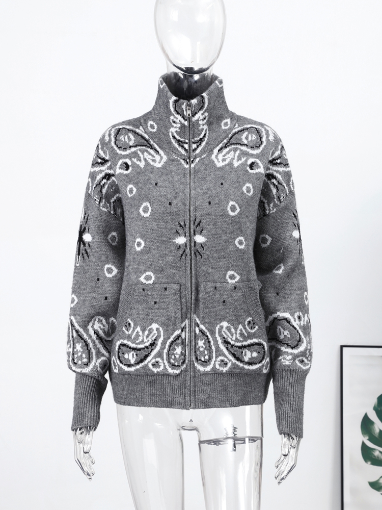 Cardigan Jacquard décontracté pour femmes, ample, col montant, poches zippées, pull assorti avec tout, tricot épais et chaud, printemps 2026