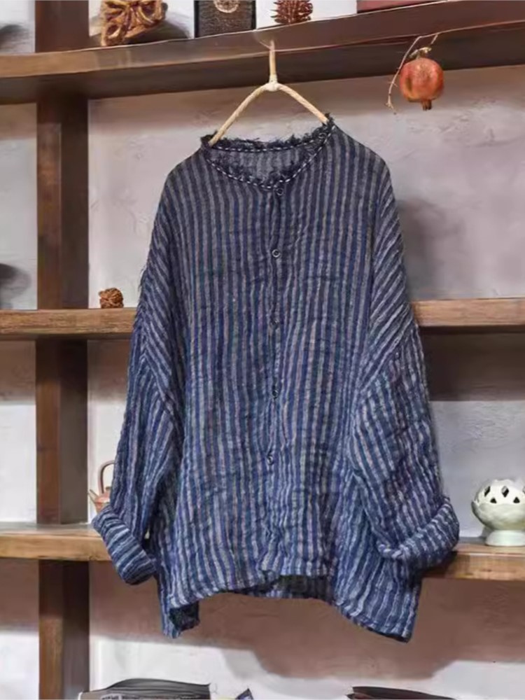 Femmes mince lin rayé déchiré Blouse dames chemise Vintage femme lin rayure hauts printemps été