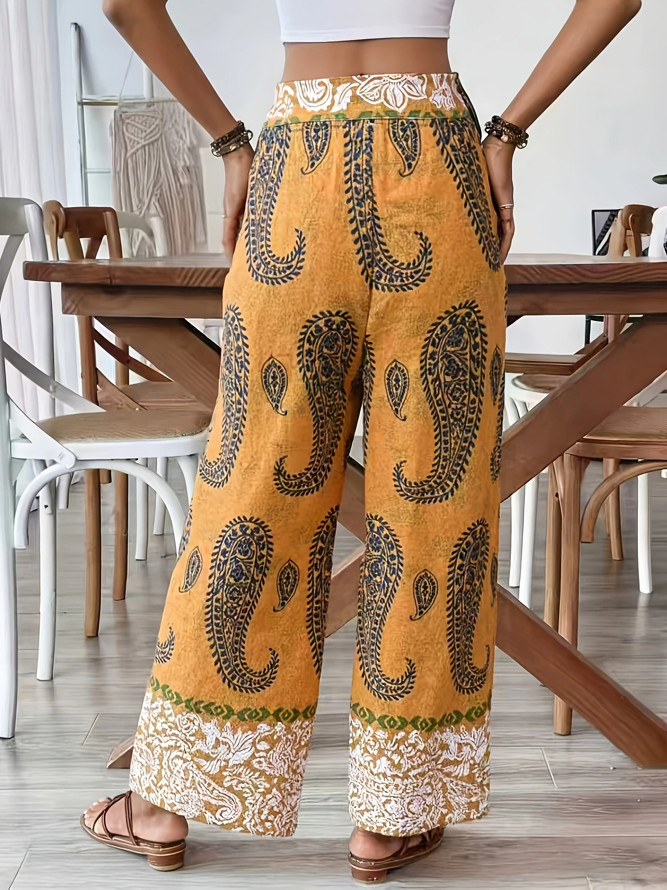 Pantalon large jaune moutarde à motif paisley, taille à nouer, style bohème, pantalon décontracté pour les vacances