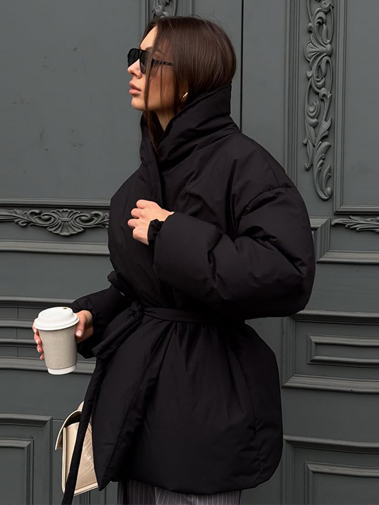 Veste matelassée pour femmes, style kimono, col en V, ceinture à nouer à la taille, manches longues, en coton, vêtement d'extérieur décontracté pour l'hiver.