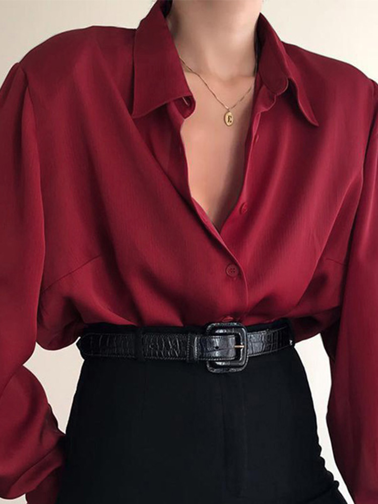 Chemises boutonnées à col rabattu pour femmes, chemisiers décontractés à manches longues pour femmes de bureau, chemise baggy pour avocat, rouge vin et noir