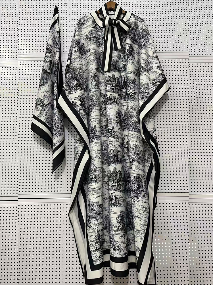 Robe ample élégante à imprimé floral bohème pour femme 2026, col semi-ouvert, manches chauve-souris, robe de vacances avec foulard en soie
