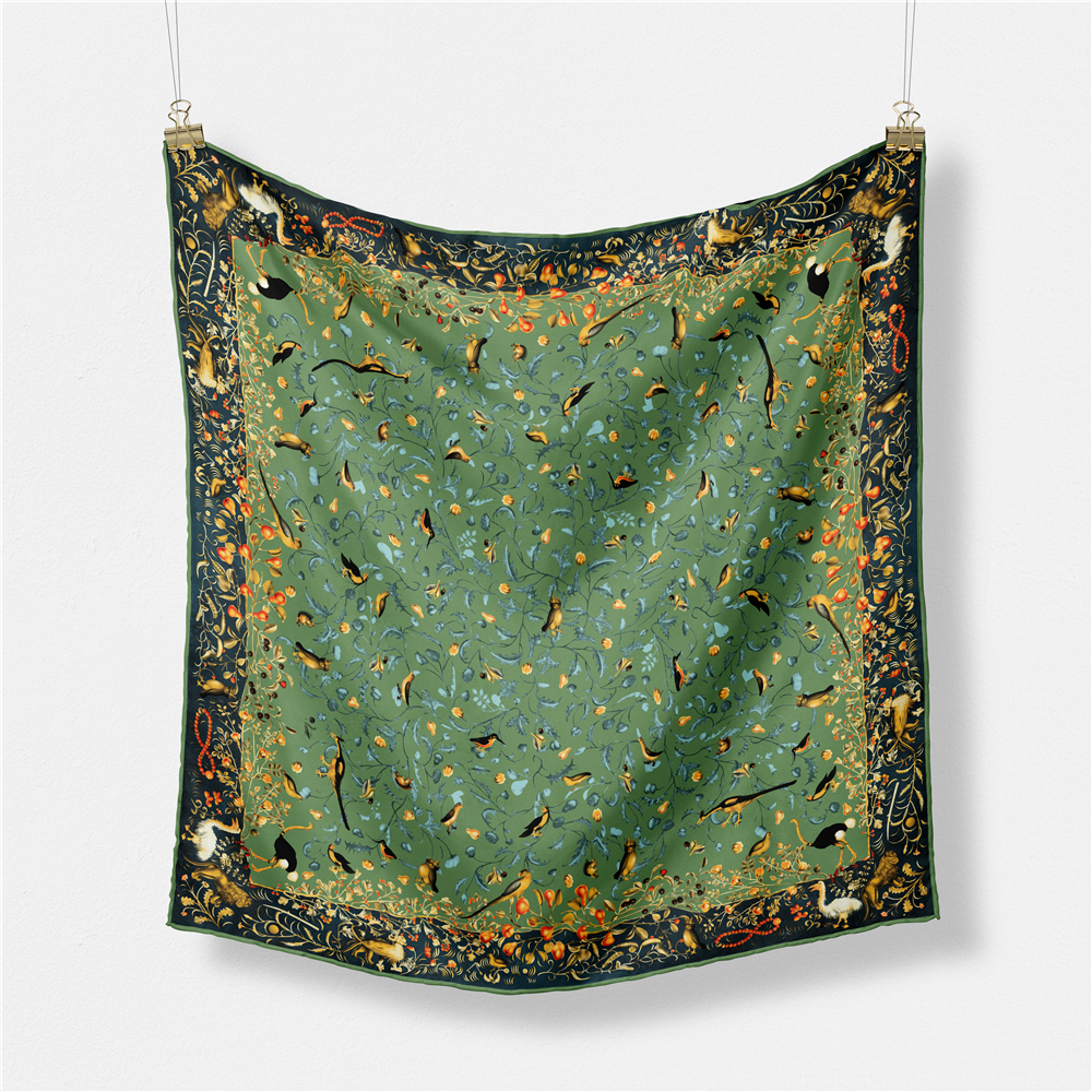 Foulard en soie sergé femme peinture d'oiseau florale foulards carrés enveloppes Bandana petit Hijab Foulards en soie cravate bandeau foulard 53CM