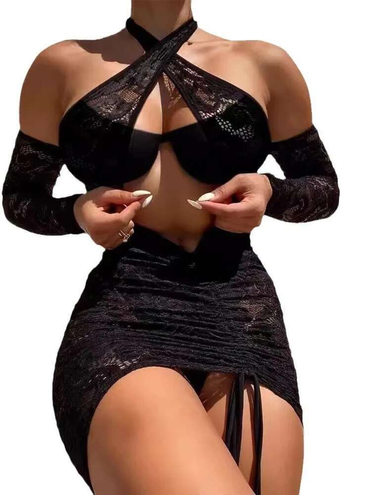Sexy évider fleur broderie dentelle maille robe transparente col suspendu dos nu profond V robe noire pur désir charmant 6222