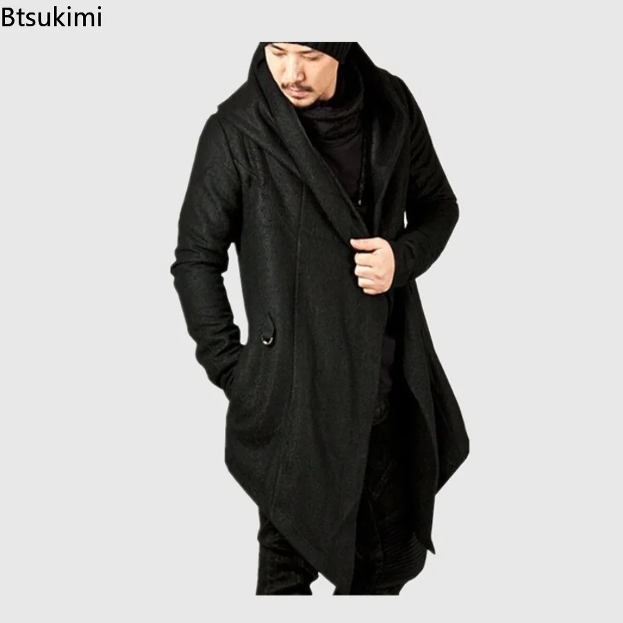 Men's Fashion Hoodies Cardigan Solid Pocket Loose Trench Jackets Casual Open Stitch Gothic Hooded Long Cloak Cape Coats for Men