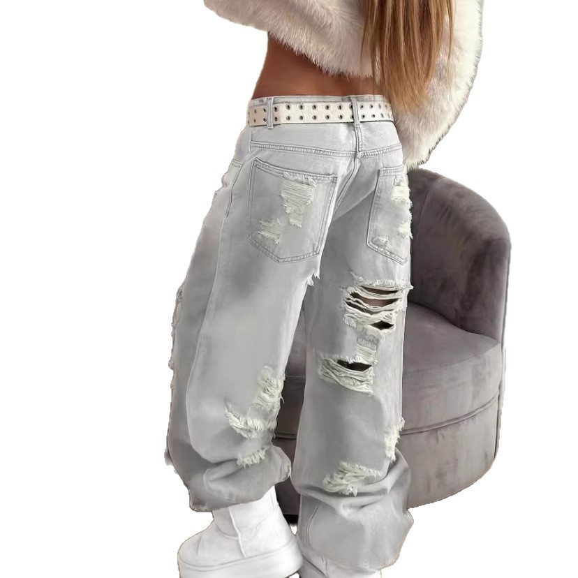 Jeans pour femmes style American High Street, déchirés, coupe droite, à jambe large, design Tie-Dye, pour la danse jazz, cargo, fins