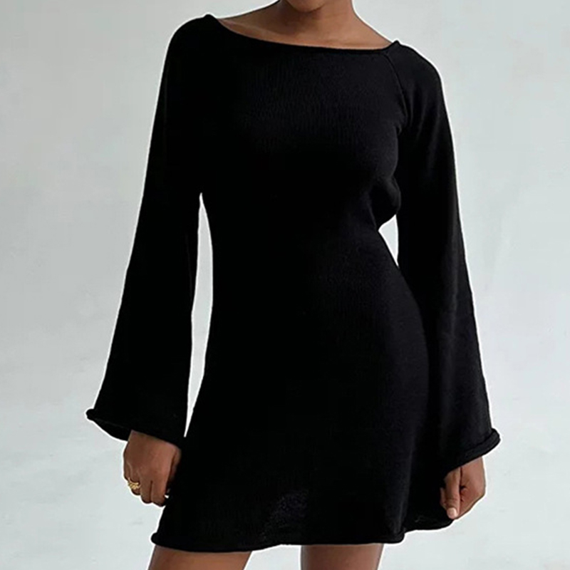 Nouveau sexy dos nu col rond cache-up couleur unie tricot maillots de bain élégant corne manches plage costume femme vacances robe portefeuille
