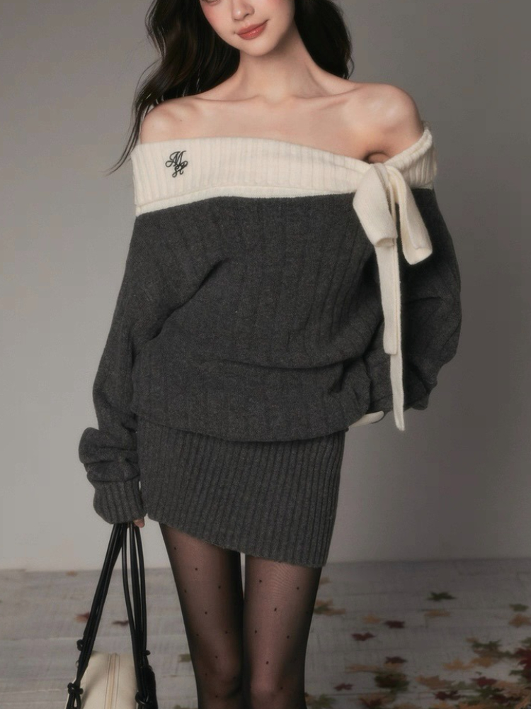 Robe en tricot Vintage pour femmes, épaules dénudées, Style doux, manches longues, Design avec nœud, épais, chaud, élégant, tenue à la mode, automne hiver