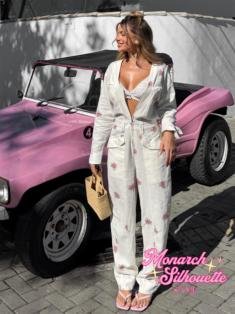 Ensembles assortis pantalon imprimé floral pour femme – Chic, col carré, ourlet à volants, cordon de serrage, pantalon large long – Tenue décontractée quotidienne pour femme