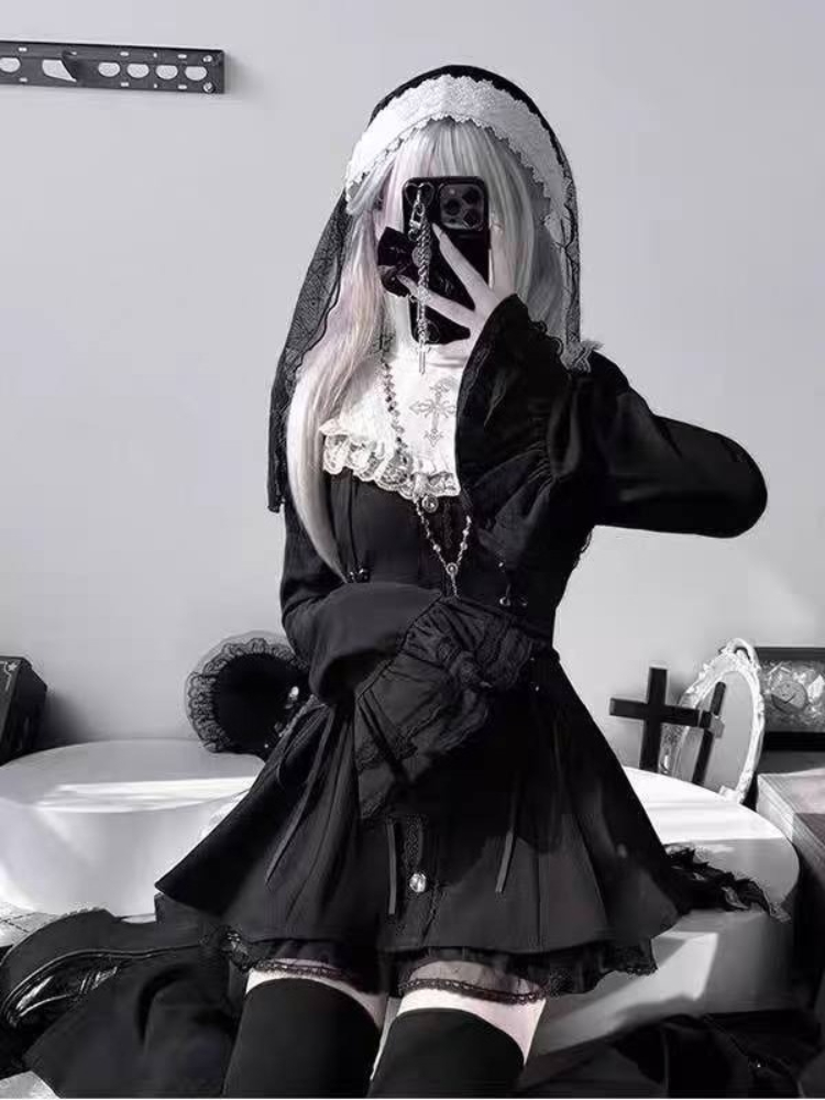 Ensemble de robe gothique japonaise Lolita pour femmes, Harajuku Y2k, nœud en dentelle, col à volants, Mini robes de soirée élégantes et mignonnes