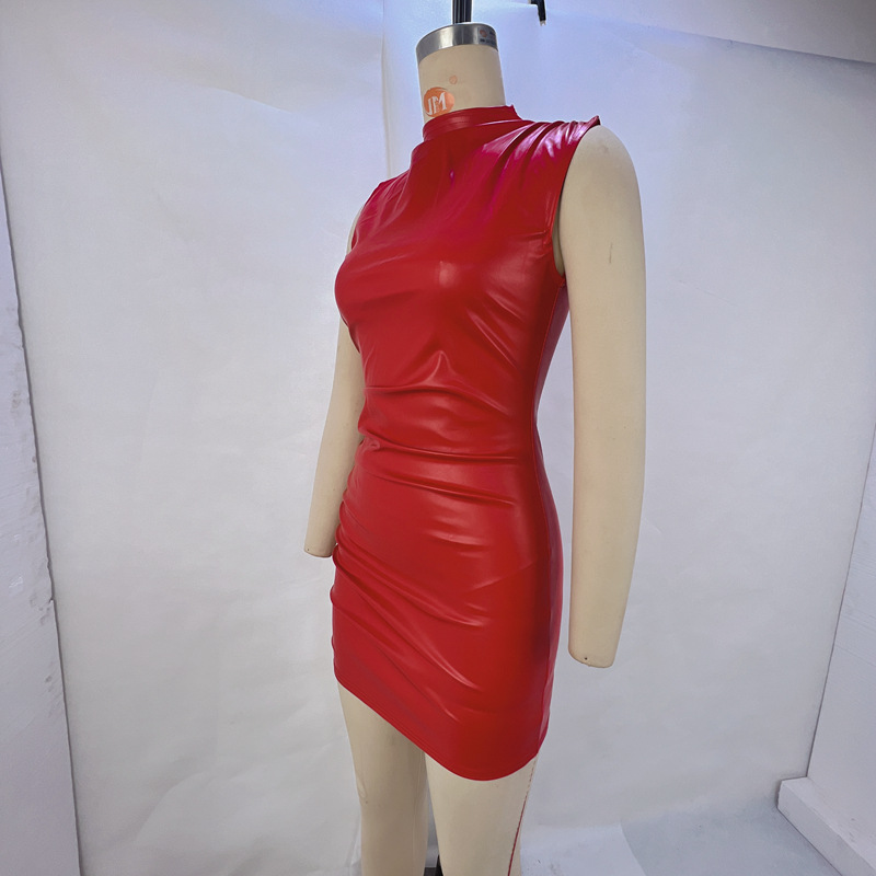 Robe en cuir Pu plissée rouge pour femmes, mini robes, tambour, club, rouge, élégant, sexy, mode, printemps, été, nouveau, 2024