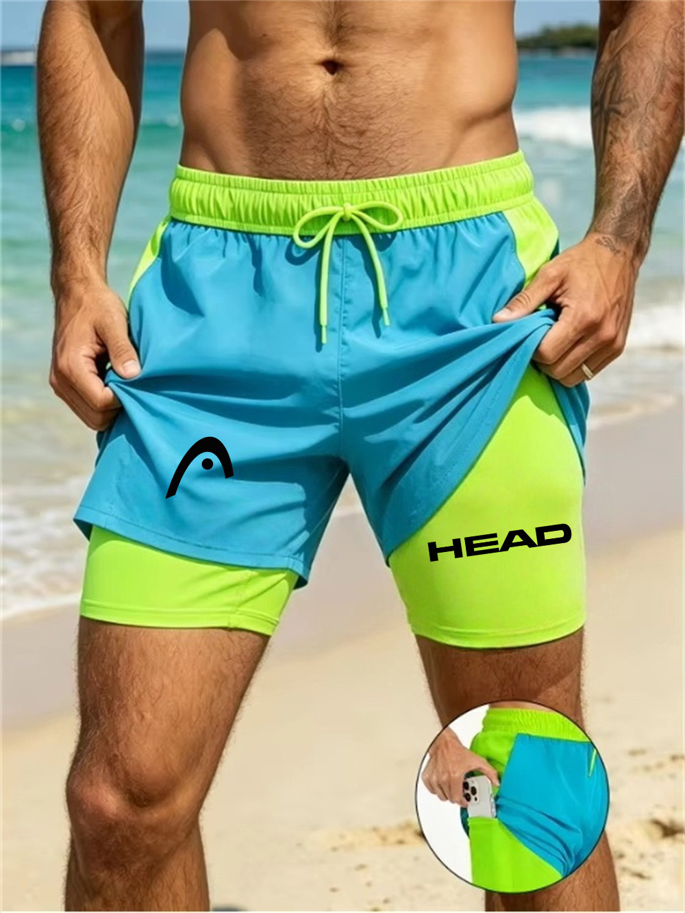 Shorts de sport d'été pour hommes, pour le surf, extensibles, à séchage rapide, amples et respirants, à double couche