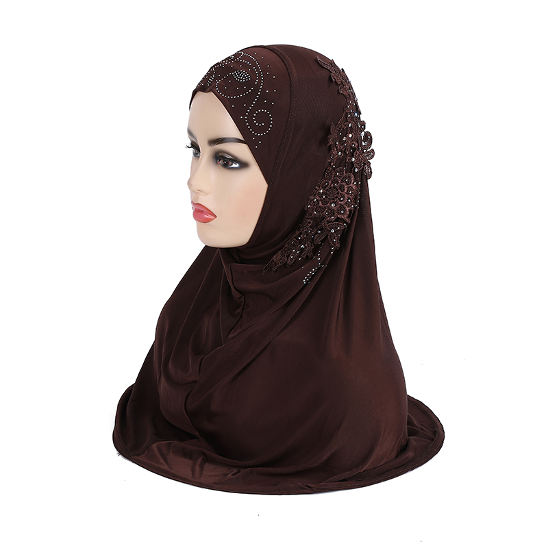 H027 Magnifique Hijab Musulman pour Adolescentes avec Dentelle et Pierres, Écharpe Islamique, Châle, Foulard, Chapeau Armia, à Enfiler, Cadeau de Ramadan