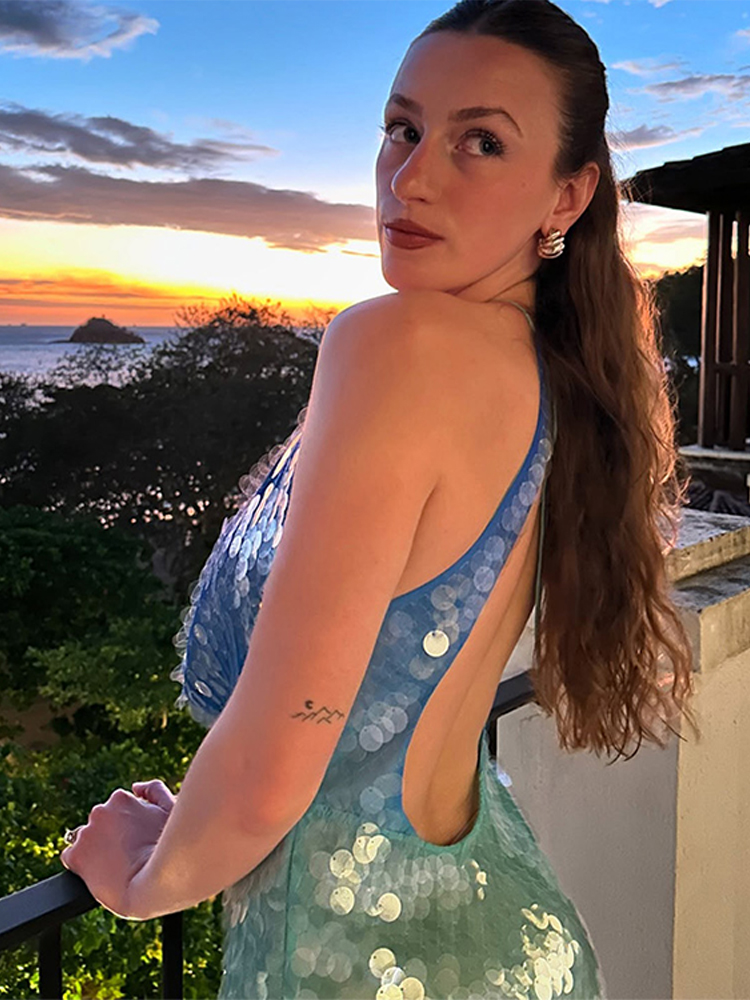 Robe Courte Sexy à Paillettes Brillantes pour Femme, Luxe, Bleu Vert, Patchwork, Dos Nu, Robes Courtes de Soirée, Robes Lumineuses pour la Plage