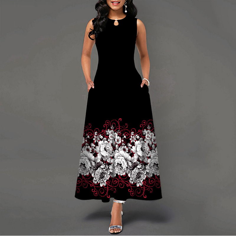 Robe longue décontractée rétro pour femmes grandes tailles avec poches, imprimé floral, robe swing
