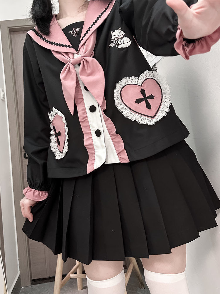 Ensemble deux pièces japonais Kawaii pour femmes, chemisier en dentelle brodée de chat esthétique, grunge + mini jupes plissées dégradées, tenue trempée, Y2K