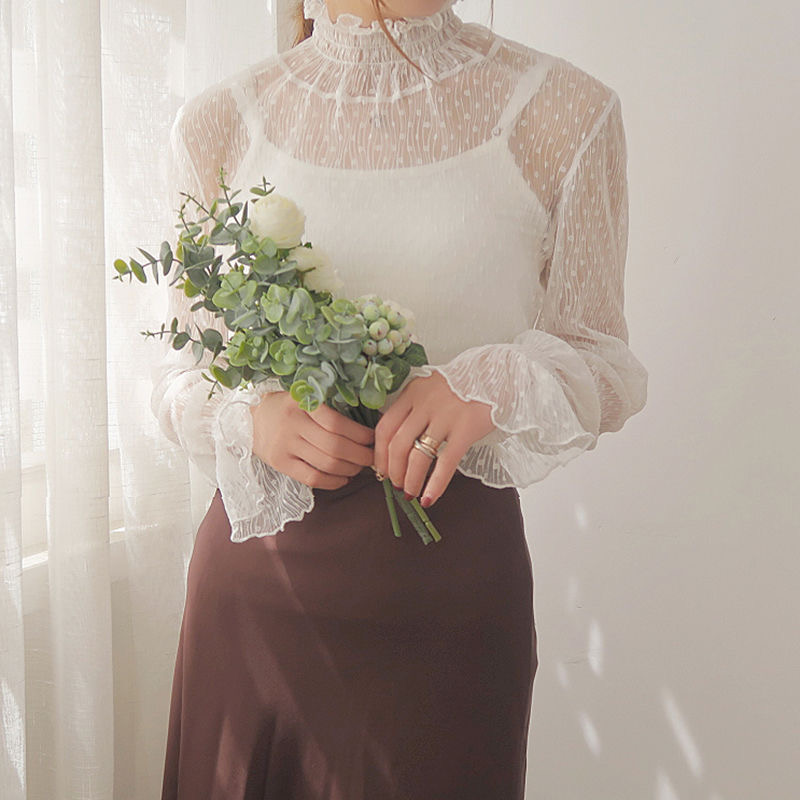 T-shirt noir en dentelle pour femme, coupe ajustée, manches évasées, col rond, chemise de base, haut tendance à porter sous un kimono, pour femme