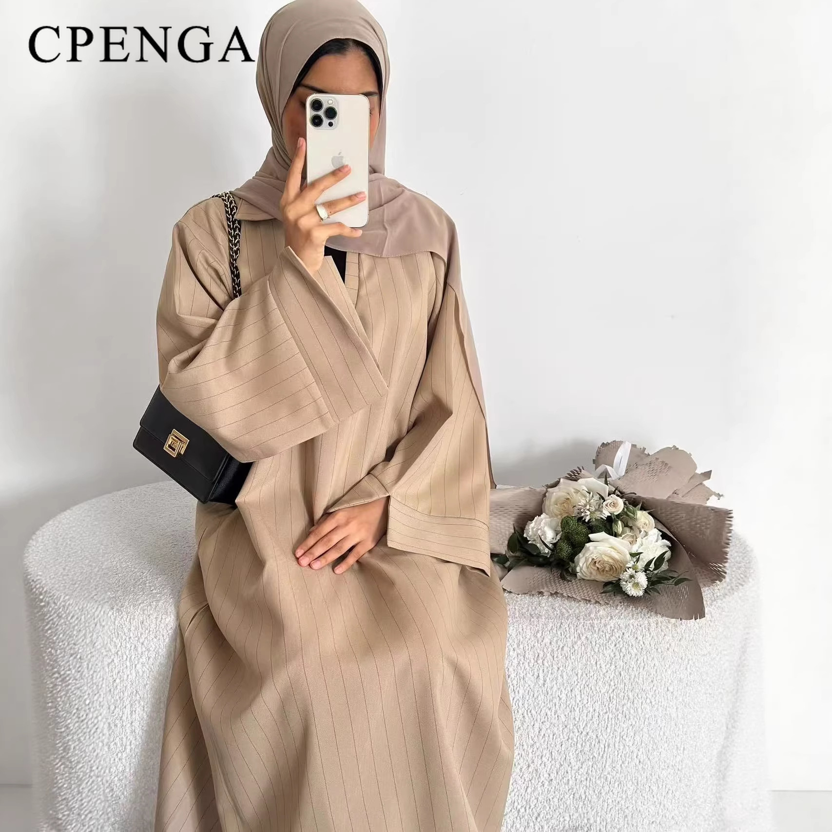 Robe Abaya rayée à col en V pour femmes, robe musulmane élégante et modeste, Kaftan Dubaï, robe longue arabe, tenue de fête Ramadan Eid Mubarak