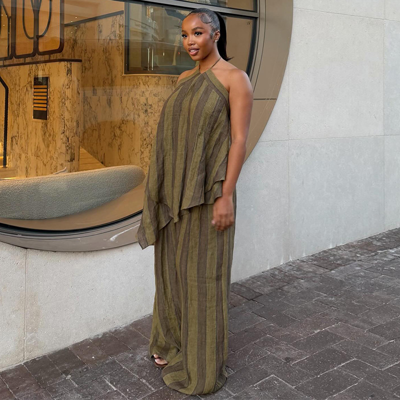 Ensemble deux pièces pour femmes, mode africaine, printemps-été, imprimé rayé, haut halter et pantalon large, tenue de vacances
