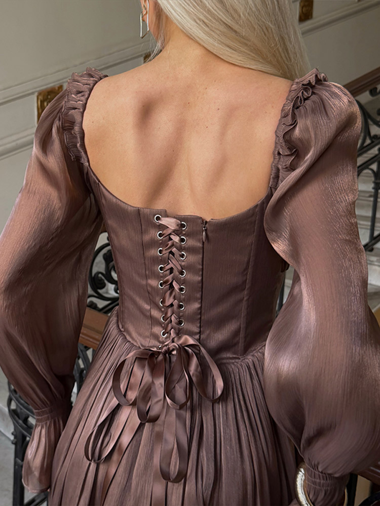 Robe élégante pour femme à col carré, manches longues, corset, volants, coupe évasée, style féerique, collection été 2026, Vestidos