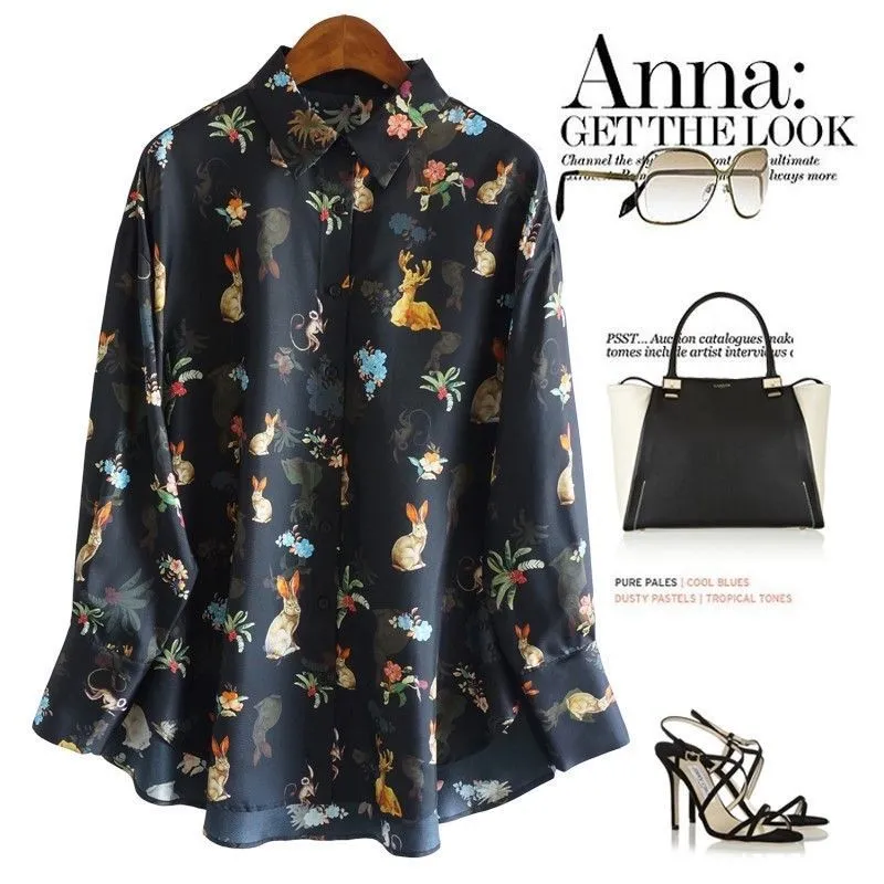 Chemise noire à manches longues boutonnée sur le devant pour femme avec haut ample et décontracté imprimé animal et floral