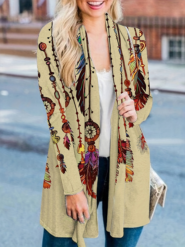 Nouvelle Collection Automne/Hiver 2026 : Cardigan Femme Tendance à Manches Longues, Imprimé Plumes Rétro, Coupe Décontractée, Grandes Tailles