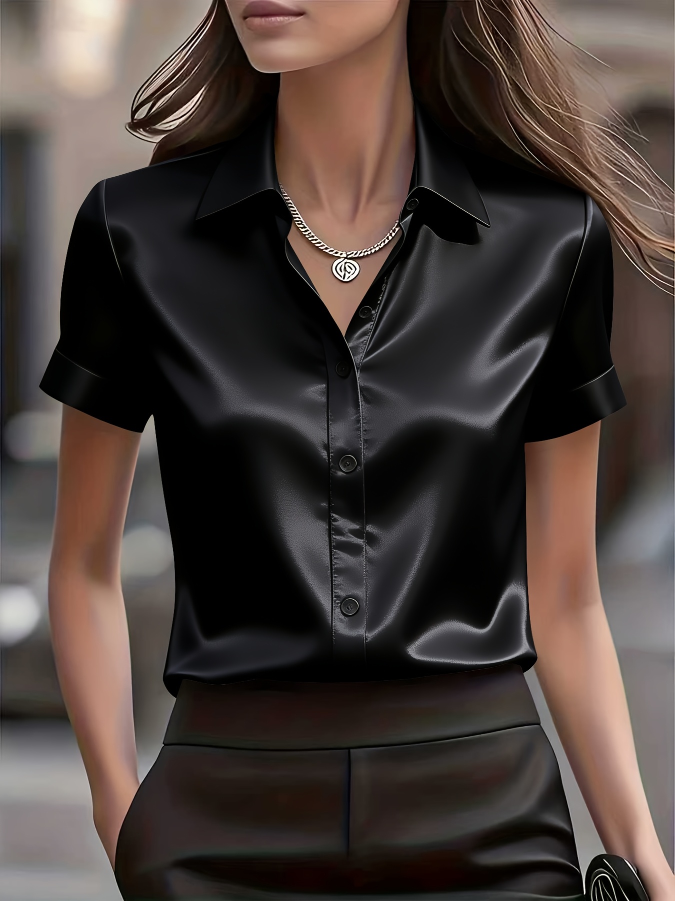 Chemise élégante en mélange de soie, coupe ajustée, polyvalente, à manches courtes, col en V, manches bouffantes, tunique pour femmes élégantes