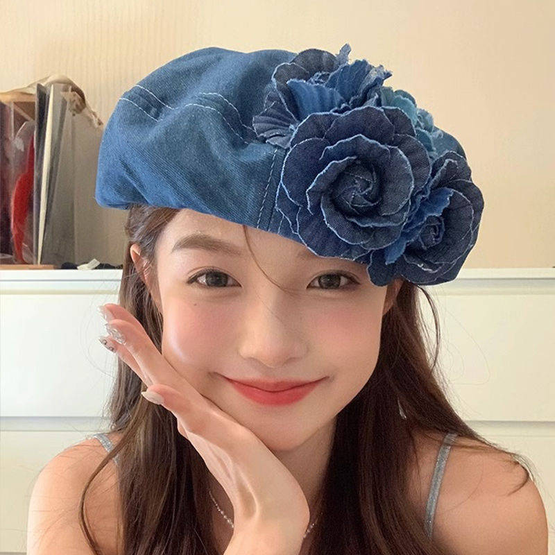 Béret en Denim à fleurs bleues pour femmes, chapeaux octogonaux de couleur unie, à la mode, pour fille coréenne, artiste peintre