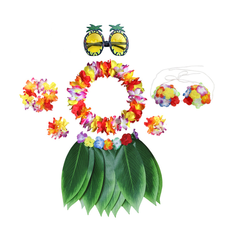 Luau – tenues hawaïennes à fleurs, feuilles d'herbe, jupe Hula, ensemble de lunettes de soleil, guirlande pour Costumes de Cosplay de fête tropicale