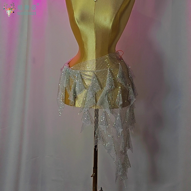 Costume de danse du ventre pour femmes, pierres AB avancées, chaîne de taille orientale, pompon, fesses, jupe écharpe de danse du ventre féminine