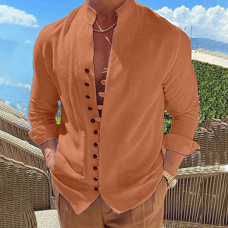 Chemisier d'été en coton et lin pour hommes, chemise ample décontractée à manches longues, couleur unie, cardigan à boutons, col haut, vêtements pour hommes