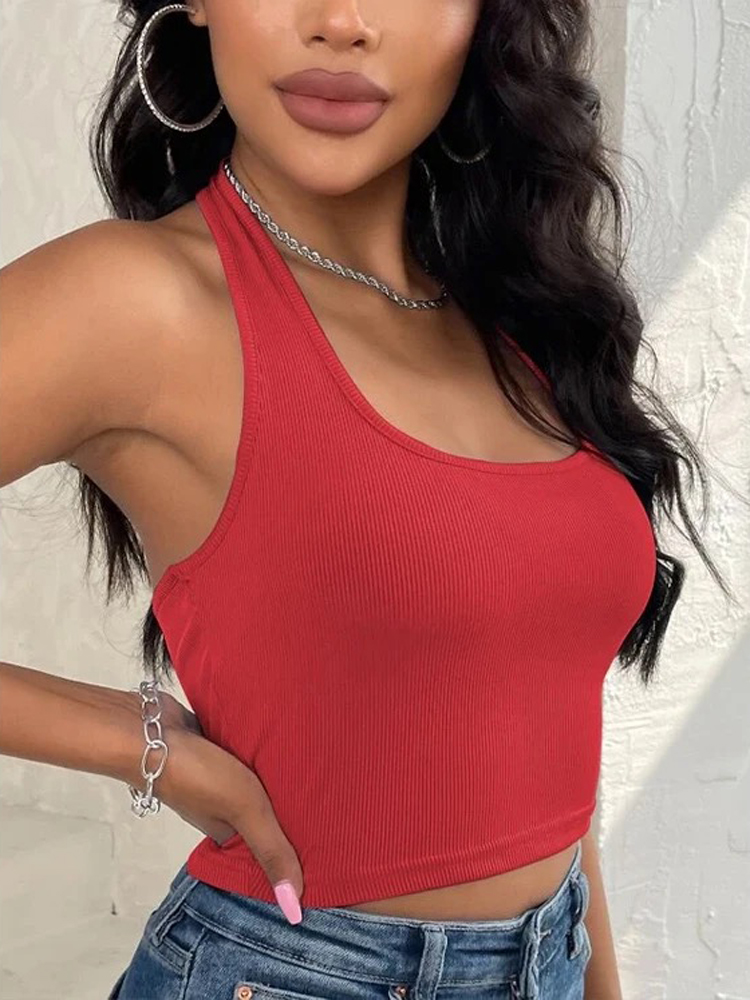 Haut de lit en fibre de verre pour femme, col licou en tricot, rouge basique, sport décontracté, émaillé initié, dames sexy, été