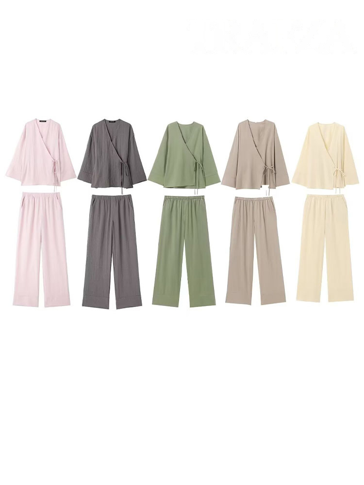 HH – ensemble 2 pièces pour femmes, Style Kimono, col en v, asymétrique, à lacets, chemisier ample et décontracté, haut + poche latérale, taille élastique, pantalon à jambes larges