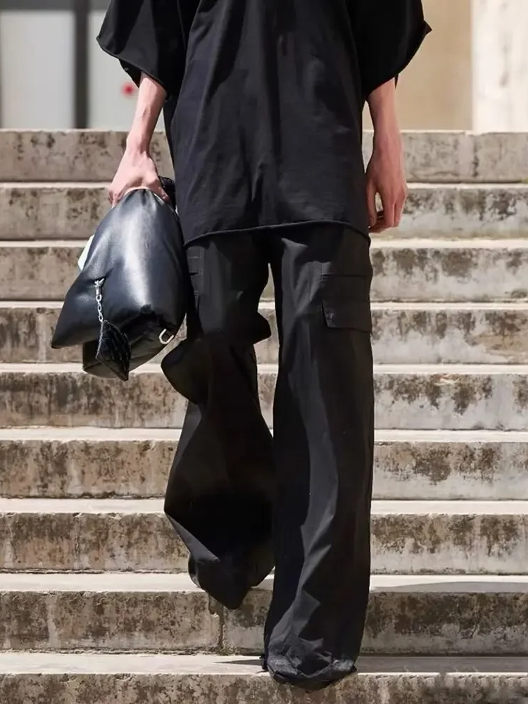 Pantalon noir cargo multi-poches pour homme, pantalon décontracté, jambe large, style américain, nouveau, printemps, été, 2025