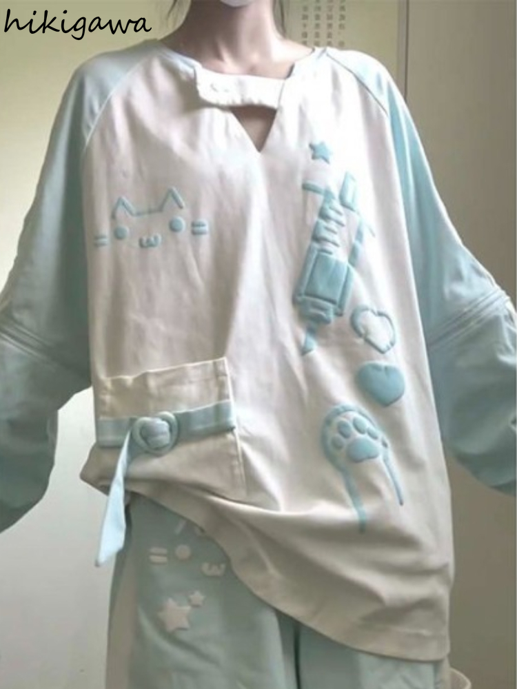 T-shirt surdimensionné femmes vêtements à manches longues contraste couleur T-shirts décontracté mode T-shirts Y2k hauts japonais Camisetas Ropa Mujer