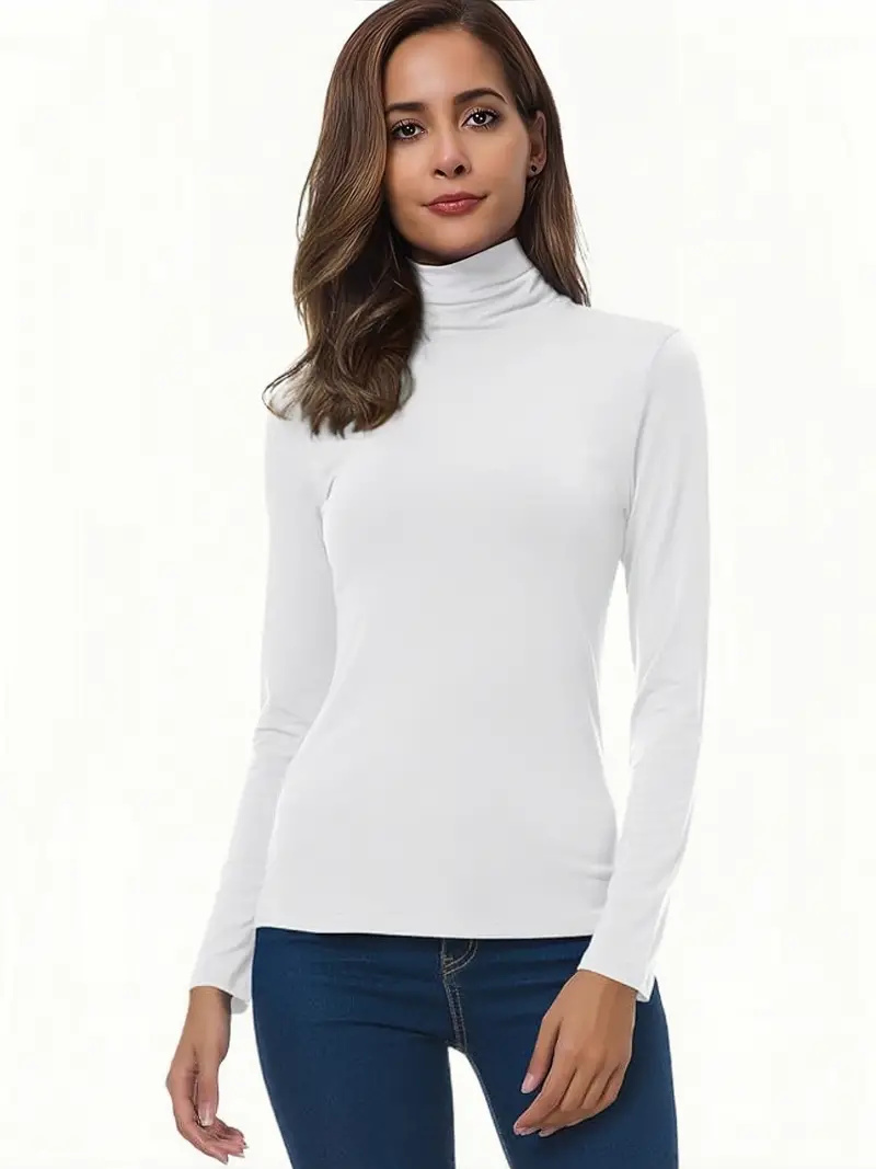 Ensemble T-Shirt à col roulé pour femmes, hauts décontractés à manches longues en tricot doux pour le printemps et l'automne, essentiels de placard de base élégants