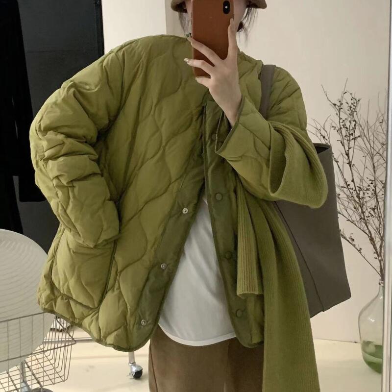 Femmes coréennes Patchwork diamant coton veste automne hiver mode col rond matelassé veste léger confort vêtements de dessus pour femmes