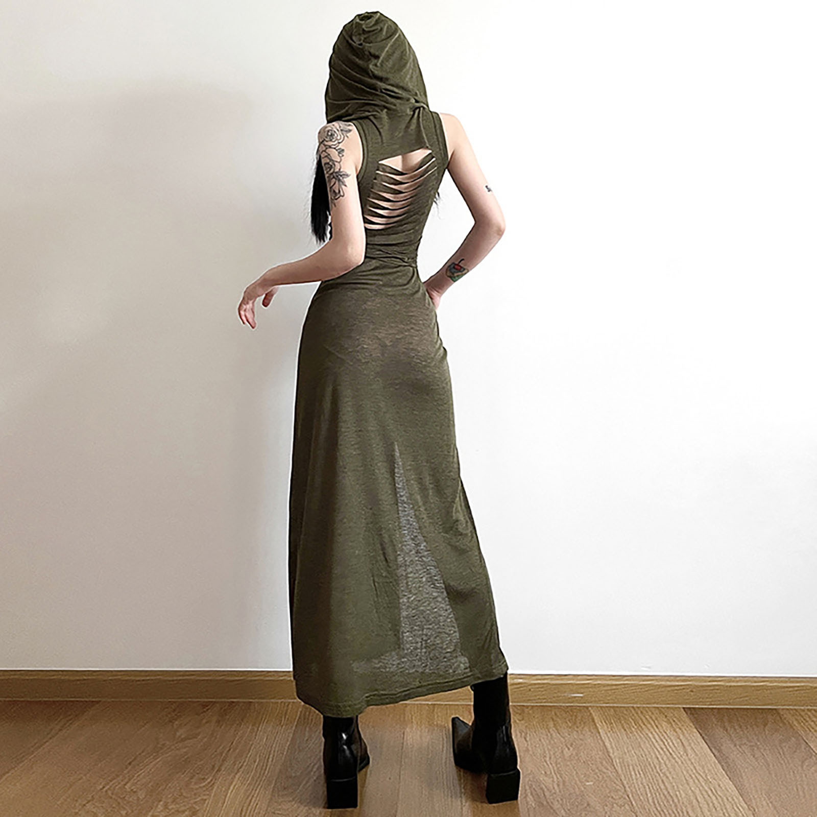 Robe à capuche gothique pour femme, Streetwear monochrome, Robe midi évidée, Cyber Y2k, Goth, Punk Grunge, Côté fendu sexy, Desert Walker