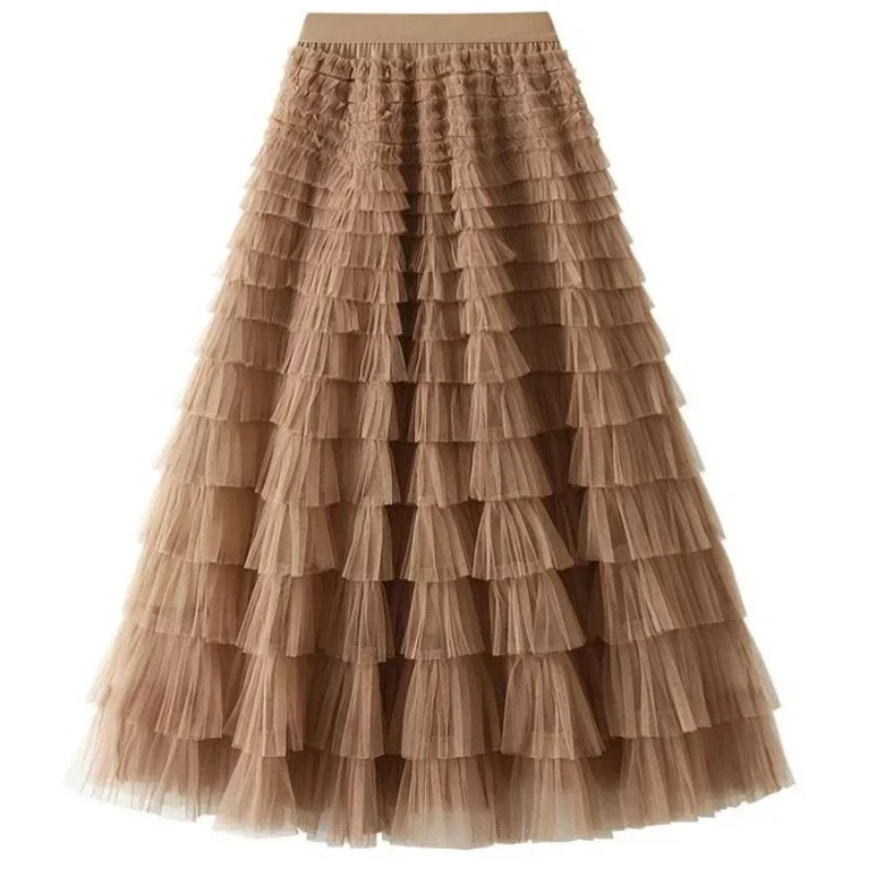 Jupe en maille à volants multicouches pour femmes, jupe longue en tulle, taille haute, vêtements de fête, monochromatique, bohème, printemps, été, salle de bain