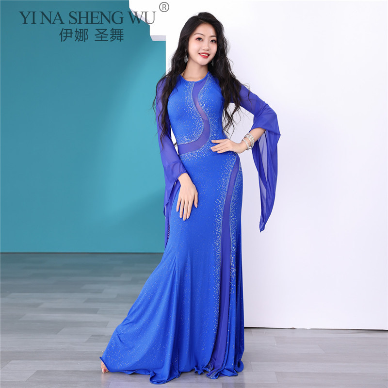 Robe de danse du ventre à col rond pour femmes, jupe longue mince, manches évasées, vêtements de compétition féminins, vêtements de pratique de performance élégants, nouveau