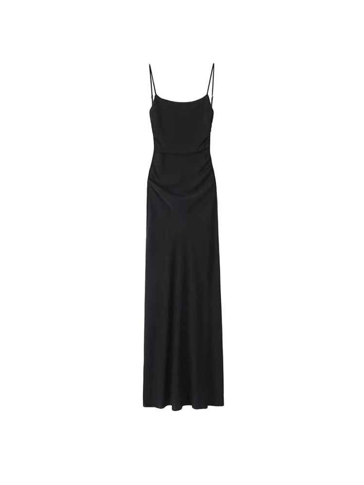 Robe mi-longue drapée pour femmes, col droit, bretelles fines, robes féminines dos nu, mode Chic