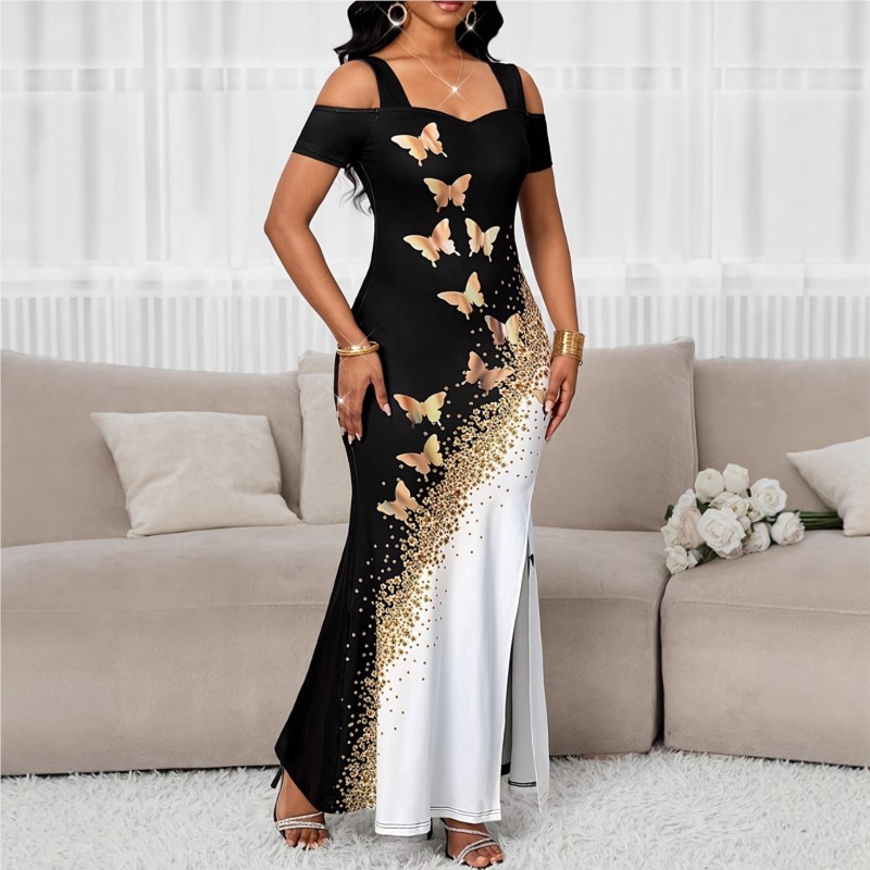 Robe fendue robes 2025 femme vêtements pour femmes papillon imprimé contraste épaules dénudées sans manches tempérament élégant