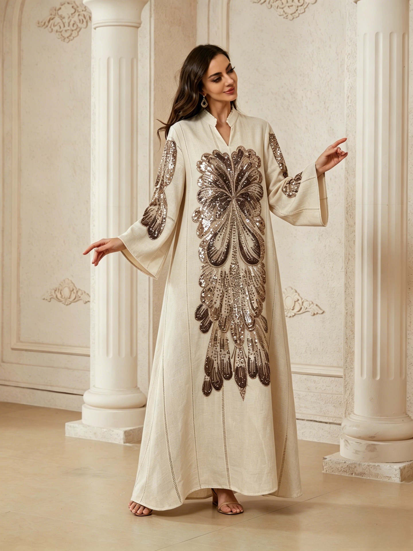 Robe de soirée élégante pour femmes musulmanes du Moyen-Orient, style Ramadan, ornée de perles, col en V, coupe ample et amincissante, luxe léger.