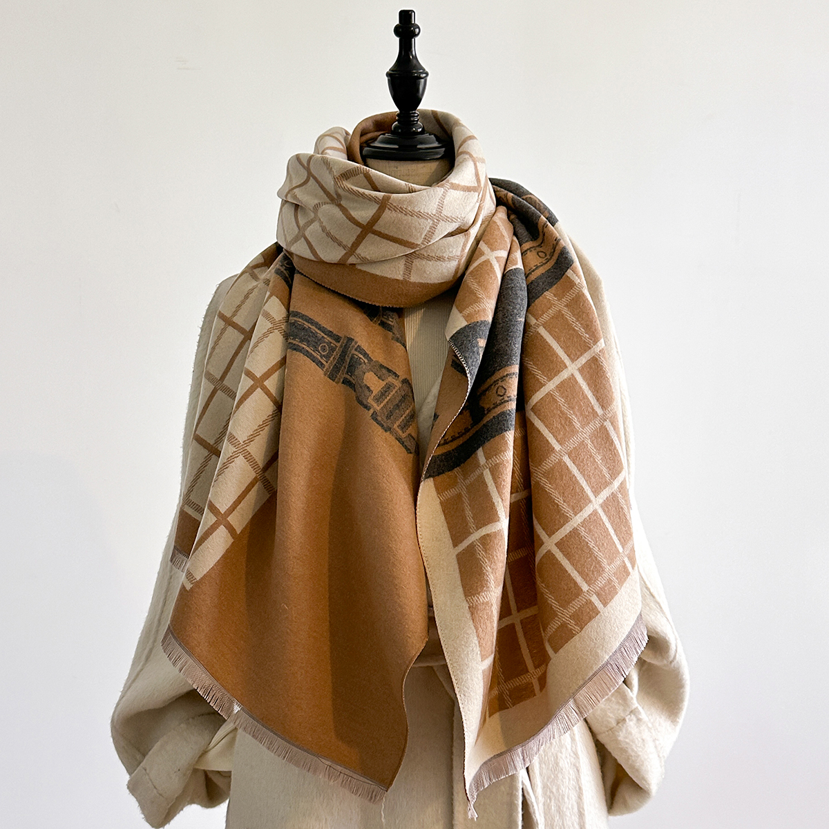 Nouveau luxe cheval imprimé écharpe femmes hiver plus chaud Pashmina foulards double face vérifier châles femme épaisse couverture enveloppes Foulard 2025