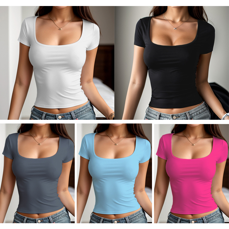 T-shirt à manches courtes pour femmes, été, couleur unie, col carré élastique, coupe ajustée, hauts sexy, style Y2k, vêtements de rue, mode Qx33