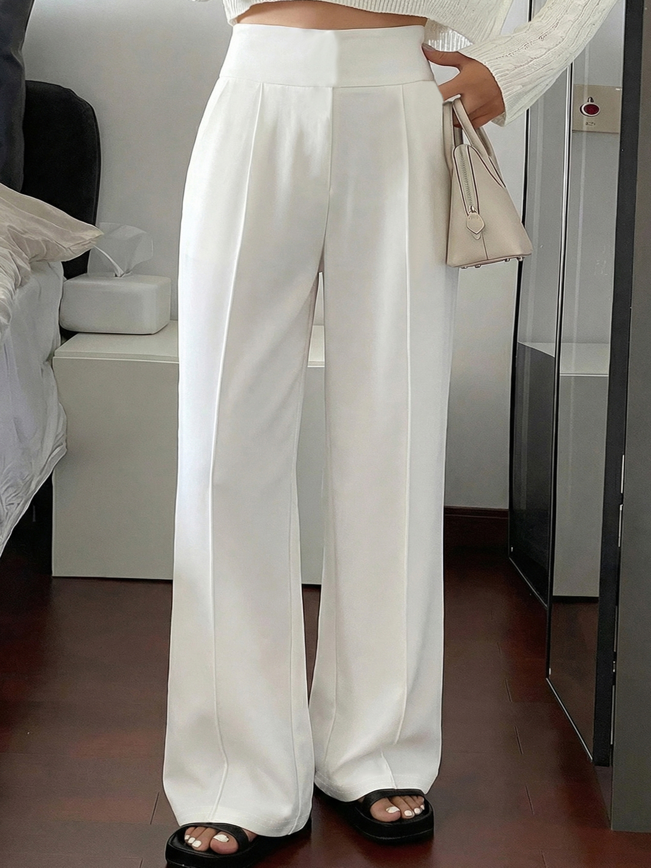 Pantalon ample à jambe droite pour femme, blanc minimaliste, décontracté, long, amincissant, style cargo avec rayures, taille standard, adapté