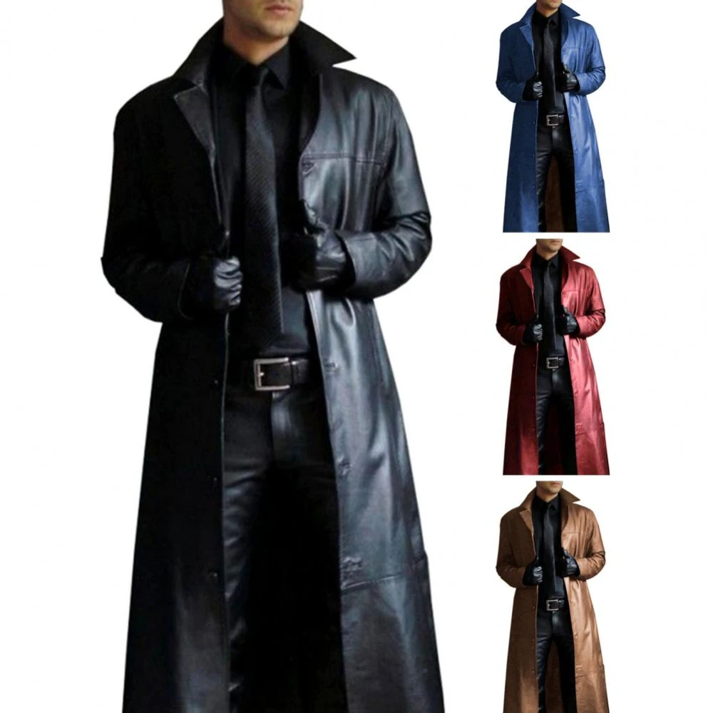 Nouvelles vestes longues en cuir pour hommes 2026 – Manteau trench gothique punk à boutons, col à revers uni, coupe-vent long en PU, manteaux d'hiver en cuir
