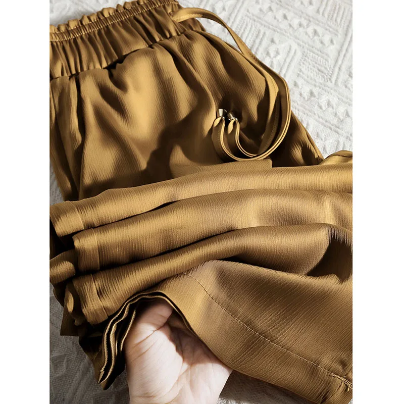 Pantalon large taille haute pour femme, injPants en satin, vintage, proximité, wstring, décontracté, droit, haute qualité